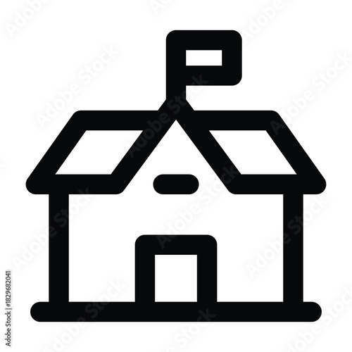 Simple black line school building with flag, clean strokes, suitable for education content, learning visuals, and academic materials on light backgrounds.