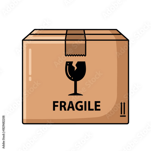 Cardboard box with a fragile symbol, indicating delicate contents during shipping.