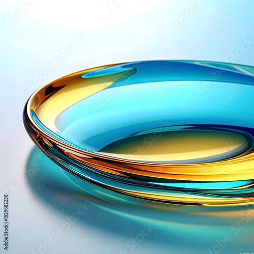 A vibrant blue and yellow ceramic plate, featuring intricate floral patterns, rests on a rustic wooden table, casting soft shadows in warm light.