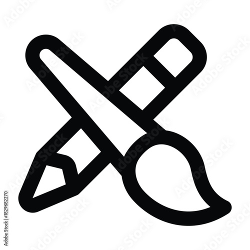 Thin line drawing of a pencil and brush crossed, perfect for art classes, creative projects, crafts, and design visuals.