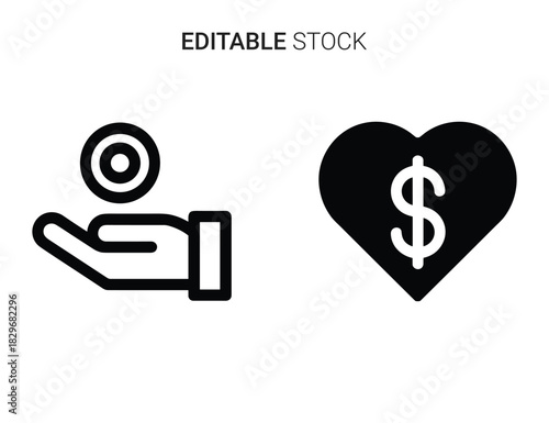 Beautiful silhouette vector of hand offering coin and heart with dollar sign icon set isolated on
