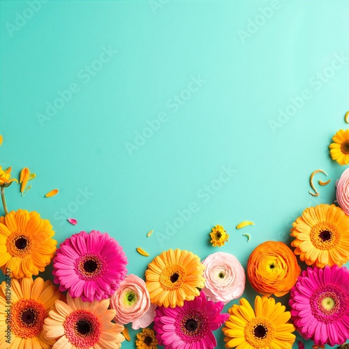 A vibrant blue background adorned with an array of colorful flowers and lush green leaves, creating a lively and cheerful atmosphere.