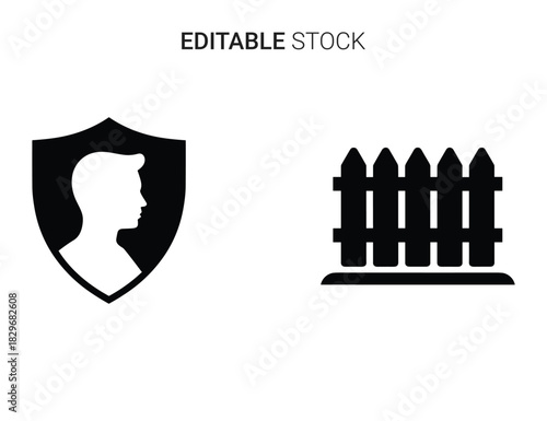 Beautiful silhouette vector of silhouette icon set of user shield and picket fence isolated on