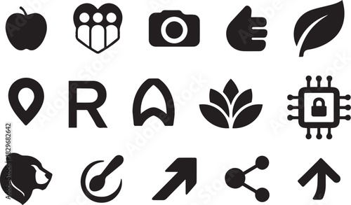 Black Solid Icon Collection – Apple, Community, Camera, Hand, Leaf, Location Pin, Letter R, Abstract Symbol, Lotus, Secure Chip, Lion, Speed Gauge, Arrow, Share & Up Arrow