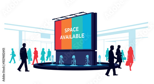A large digital billboard displaying "SPACE AVAILABLE" in a bustling public area with people walking by and a fountain.