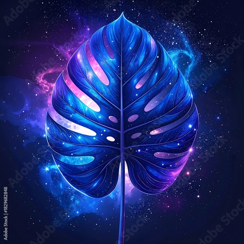 A vibrant blue leaf adorned with shimmering purple and pink lights, creating a magical and enchanting atmosphere, perfect for a whimsical setting.