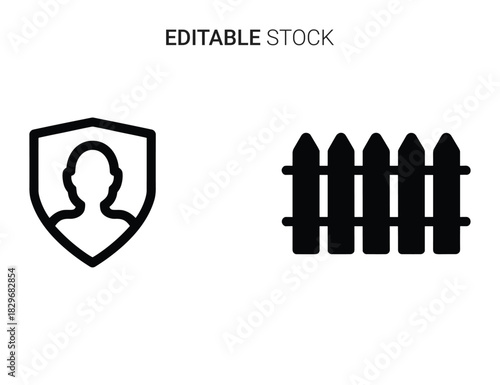 Beautiful silhouette vector of set of two black outline icons security shield with person and picket fence