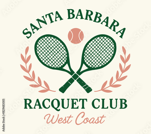 Santa Barbara Racquet Club. Green Tennis Heath Club Racquet College Varsity t-shirt design Slogan Logo Graphic Vector. Tee shirt and apparel print in College Wreath style. Vector illustration.