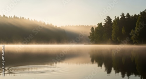 Early morning mist rises over a serene lake with sun rays and trees.