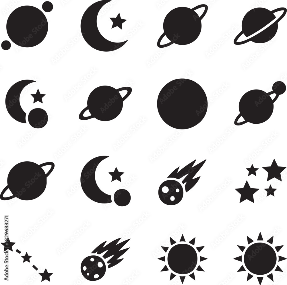 Fototapeta premium Celestial Icon Set – Black Silhouette Vector Collection with Planets, Moons, Stars, Comets, and Cosmic Symbols