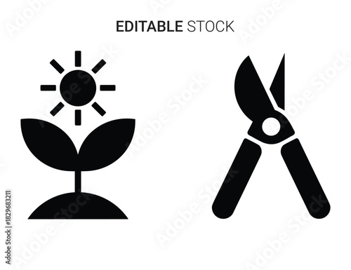 Beautiful silhouette vector of gardening tool icon set with sunlit sprout and pruning shear