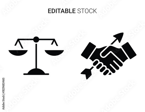 Beautiful silhouette vector of balance scale and handshake icons representing justice, agreement, and deal