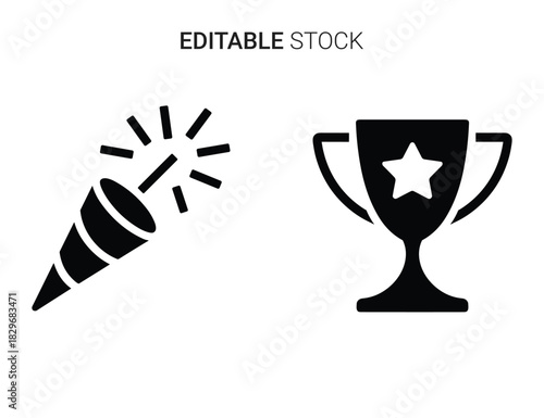 Beautiful silhouette vector of black silhouette icon set of party popper and trophy with star