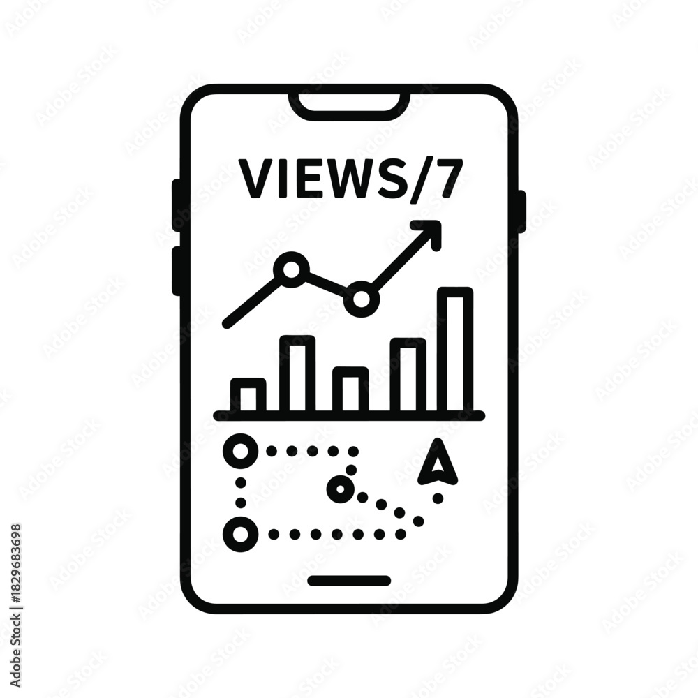 Naklejka premium Smartphone displaying data analysis, growth, bar chart, and strategic path, isolated on white background