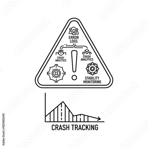 Crash tracking and error log monitoring system icon with analytics and stability management, isolated on white background