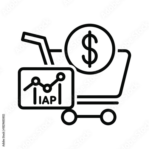 Line art icon of shopping cart, dollar sign, and iap graph representing mobile commerce, isolated on white background