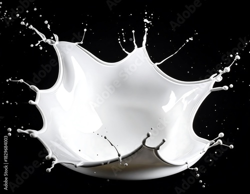 White liquid splash. Crown-like, dynamic motion against a stark black background. High contrast, smooth texture