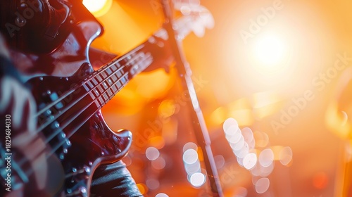 Close up of a rock band on stage featuring guitarist, bass player, and drummer in action