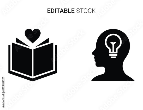 Open book silhouette icon and human head with light bulb vector