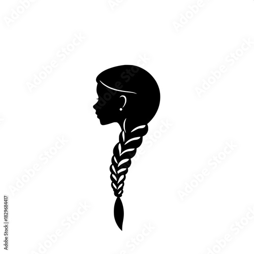 Stylized female silhouette facing right, bold black shape with sleek left-parted long hair weaving into a thick braid that falls down her back, simple ear outline with subtle definition, crisp minimal