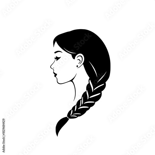 Stylized female silhouette facing right, bold black shape with sleek left-parted long hair weaving into a thick braid that falls down her back, simple ear outline with subtle definition, crisp minimal