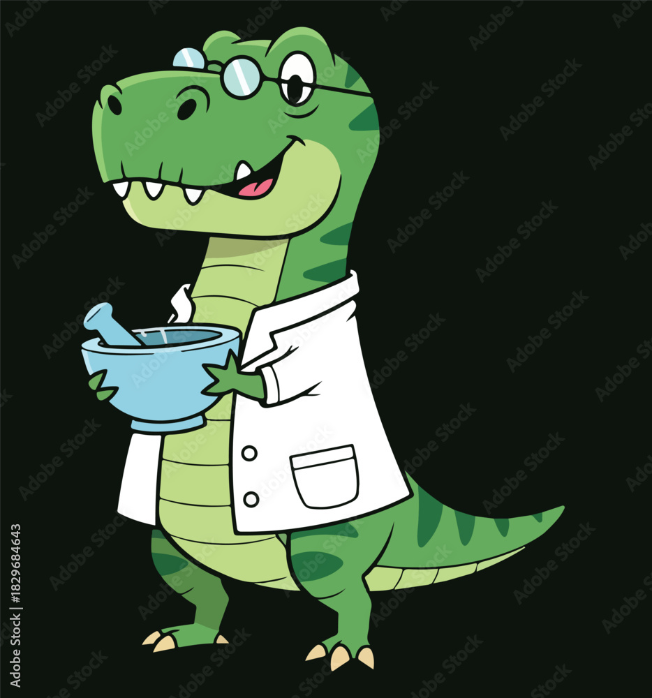 Fototapeta premium Cartoon T-Rex Pharmacist Scientist Dinosaur with Mortar and Pestle