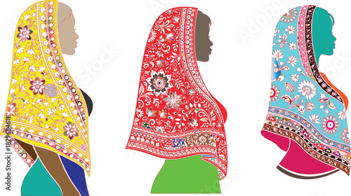 Indian Women Silhouettes Wearing Colorful Floral Scarves