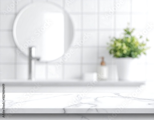 White marble countertop with blurred bathroom background featuring a mirror, plant and white tile wall