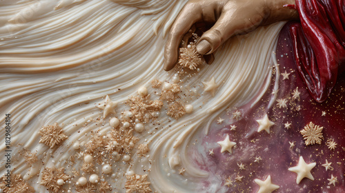 Elegant Hand Dropping Golden Snowflakes and Pearls Onto Luxurious Swirling Cream and Red Festive Background With Stars