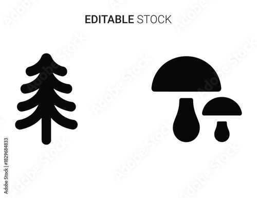 Beautiful silhouette vector of set of two black silhouette icons a pine tree and two mushrooms