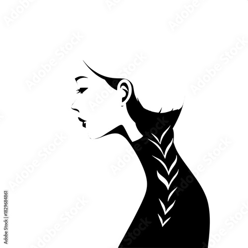 Stylized female silhouette facing right, bold black shape with sleek left-parted long hair weaving into a thick braid that falls down her back, simple ear outline with subtle definition, crisp minimal
