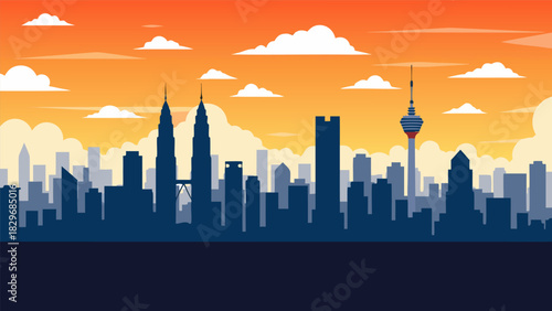 Vector illustration of a modern city skyline with towering skyscrapers and architectural landmarks silhouetted against a beautiful sunset sky