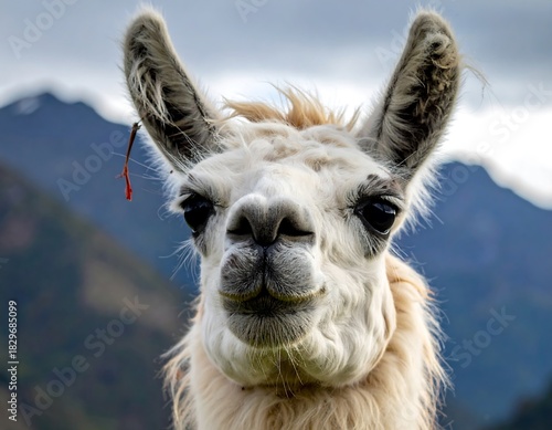 White llama head shot, front view, blurry mountains in background, soft focus