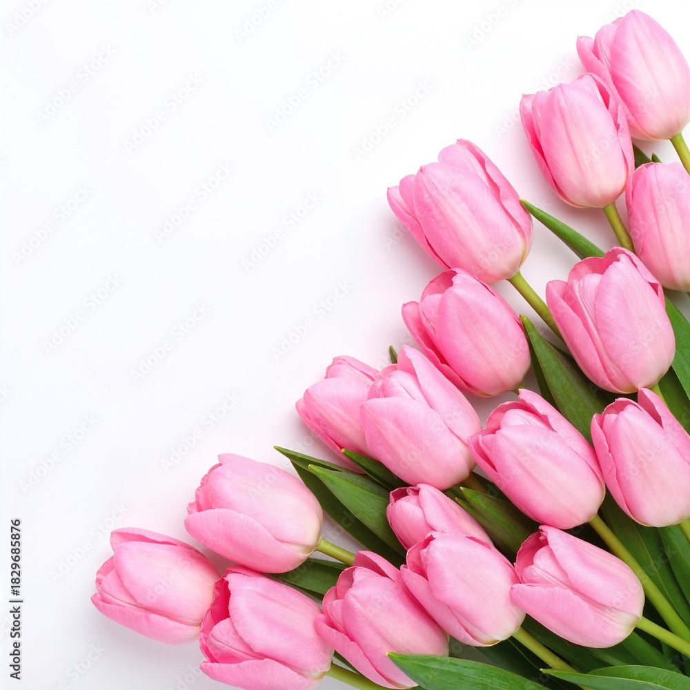 Obraz premium A vibrant bunch of pink tulips with lush green stems and leaves, elegantly arranged against a clean white background, creating a fresh and cheerful vibe.