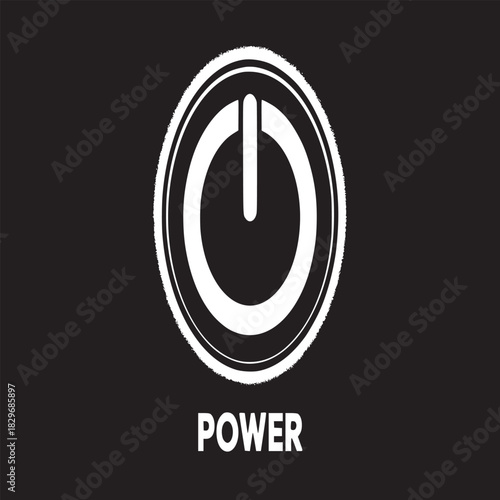 A power button icon in white with a glowing effect on a black background with the word power below