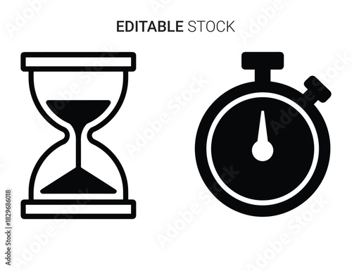 Beautiful silhouette vector of hourglass and stopwatch icon set for time measurement isolated on