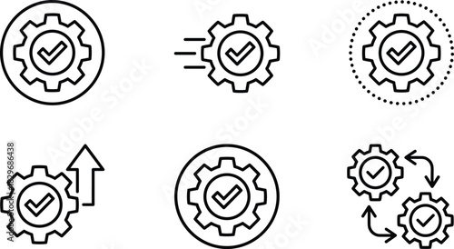 Set of gear checkmark process icons, workflow optimization symbols, system improvement graphics, quality assurance elements, productivity efficiency illustrations for business operations