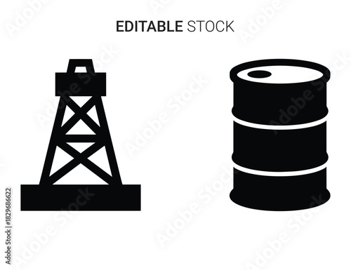Beautiful silhouette vector of oil rig derrick and barrel icon set isolated on