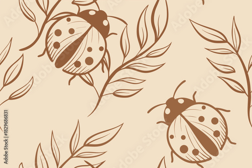 Seamless pattern with ladybug and leaf