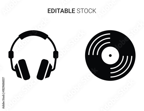 Beautiful silhouette vector of black icon set of headphone and vinyl record isolated on