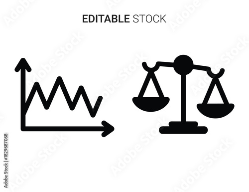 Beautiful silhouette vector of set of two black icons line graph showing fluctuation and balance scale