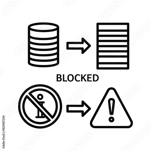 Data access blocked and restricted information flow with warning signs concept