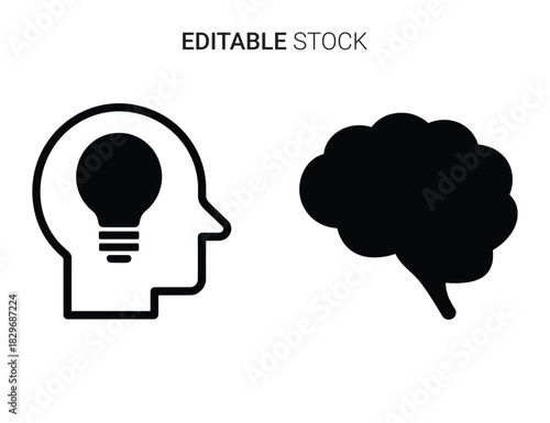 Beautiful silhouette vector of brain icon with lightbulb inside head silhouette isolated on