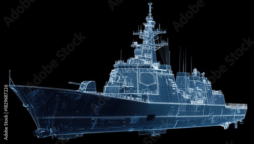 Detailed blue wireframe render of a modern military ship against a dark background