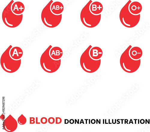 Set of eight blood type icons for medical or donation concept
