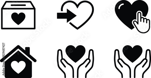 Collection of charity and donation heart icons, caring hands symbols, love support graphics, helping concept illustrations for nonprofit aid and community kindness
