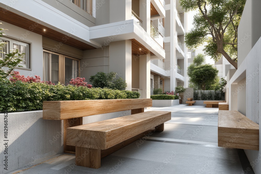 Fototapeta premium Modern luxury apartment courtyard with sleek architecture, wooden benches, lush greenery, and natural sunlight creating peaceful atmosphere