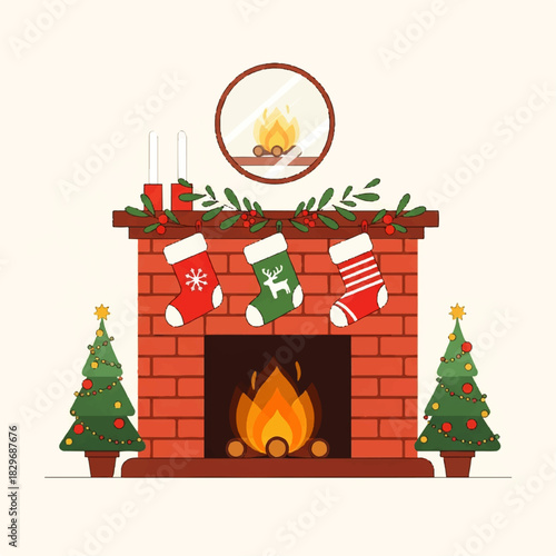 Cozy Christmas Fireplace with Stockings and Trees.
