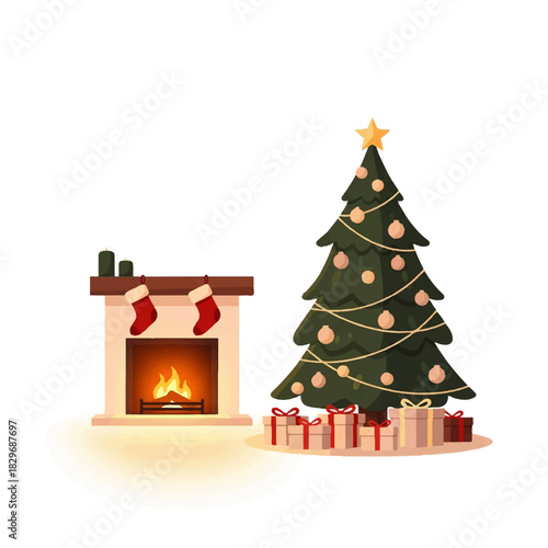 Cozy Christmas Scene with Decorated Tree and Fireplace.