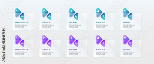 Business flowchart infographics. Glass morphism infographic design. Progress bar with 5 step elements placed in horizontal row.